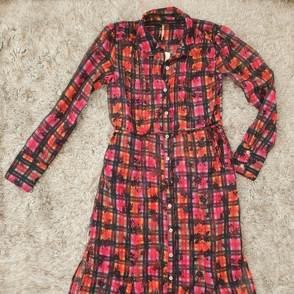 Free People‎ Jerra Shirt Dress In Pink Long Sleeve Button Down Plaid Maxi Dress - Picture 5 of 16